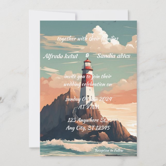 summer beach Lighthouse watercolor wedding Invitat Invitation (Front)