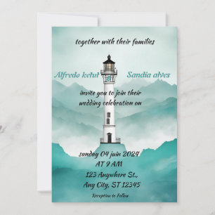summer beach Lighthouse watercolor wedding Invitation