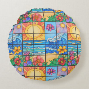summer beach ocean and flowers round cushion