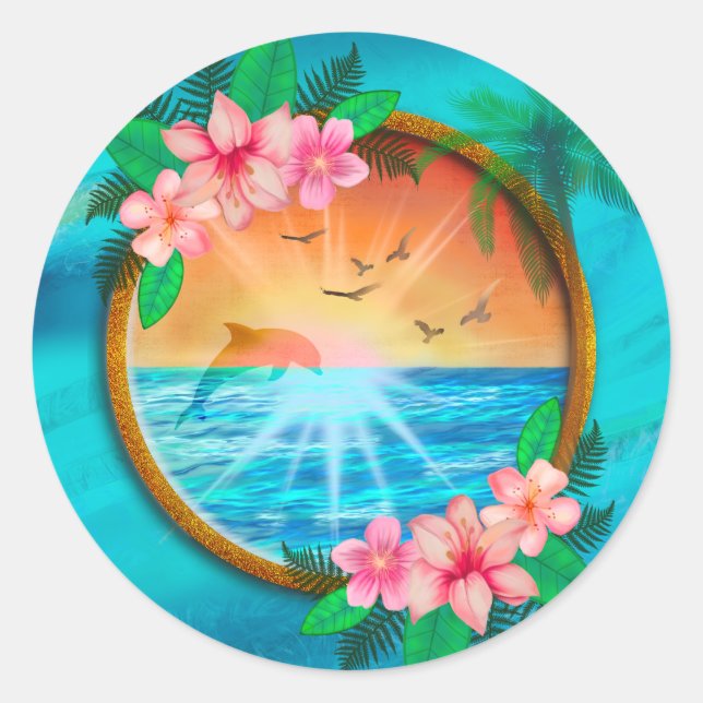 Summer Beach Ocean birds fly in sky and worm sunny Classic Round Sticker (Front)