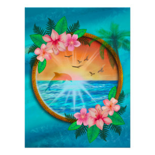 Summer Beach Ocean birds fly in sky and worm sunny Poster