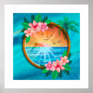 Summer Beach Ocean birds fly in sky and worm sunny Poster