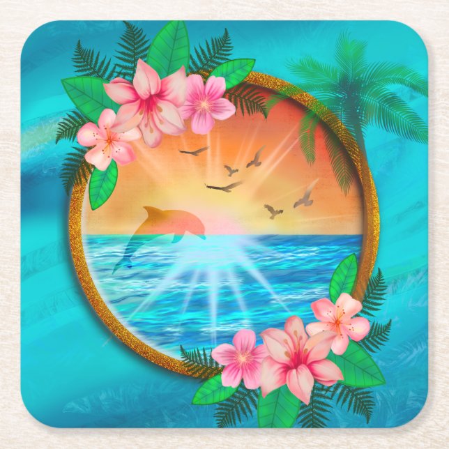 Summer Beach Ocean birds fly in sky and worm sunny Square Paper Coaster (Front)