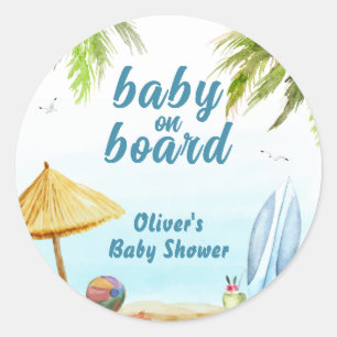 Summer Beach Ocean Surfboard Baby Shower Classic Round Sticker