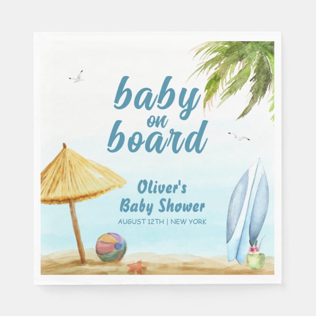 Summer Beach Ocean Surfboard Baby Shower Napkin (Front)