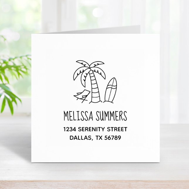 Summer Beach Palm Surfboard Address Rubber Stamp (Creator Uploaded)