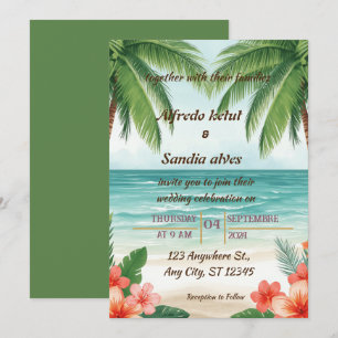 summer beach palm tree tropical watercolor wedding invitation