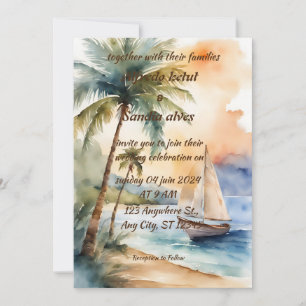 summer beach palm tree tropical watercolor wedding invitation