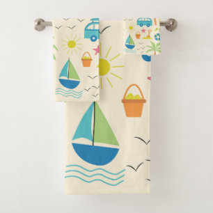 Summer Beach Palm Trees, Boats and Sun  Bath Towel Set
