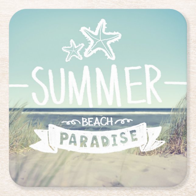 Summer Beach Paradise Square Paper Coaster (Front)
