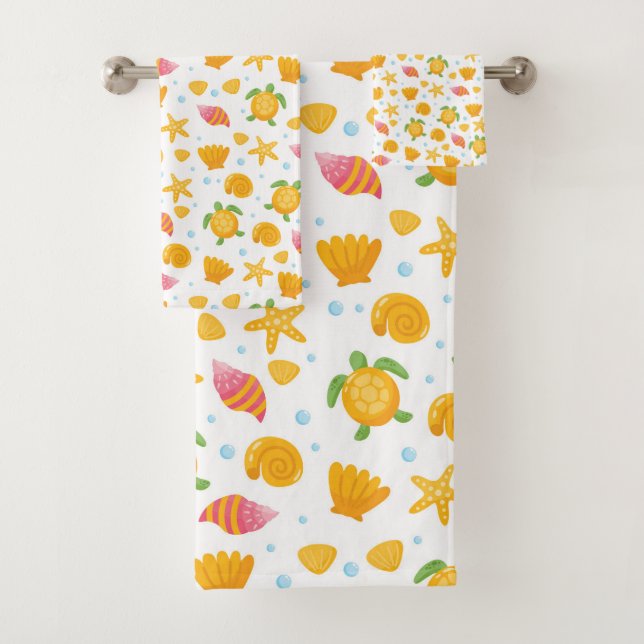 Summer Beach Pattern Seashells Ocean Life Starfish Bath Towel Set (Insitu)