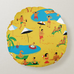 Summer beach people seamless pattern. Tropical bac Round Cushion