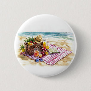 Summer Beach Picnic Watercolor Illustration – Vibr 6 Cm Round Badge