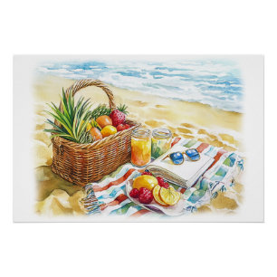 Summer Beach Picnic Watercolor Illustration – Vibr Poster
