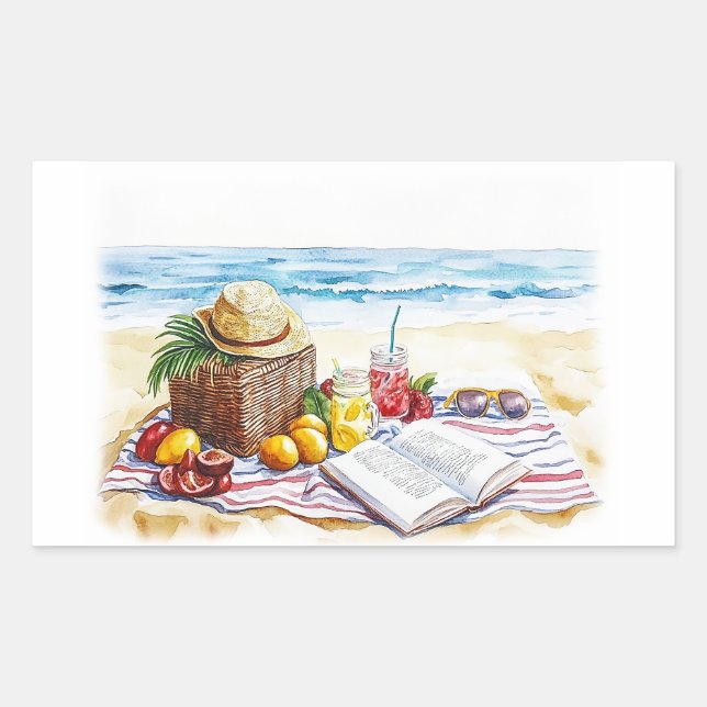 Summer Beach Picnic Watercolor Illustration – Vibr Rectangular Sticker (Front)