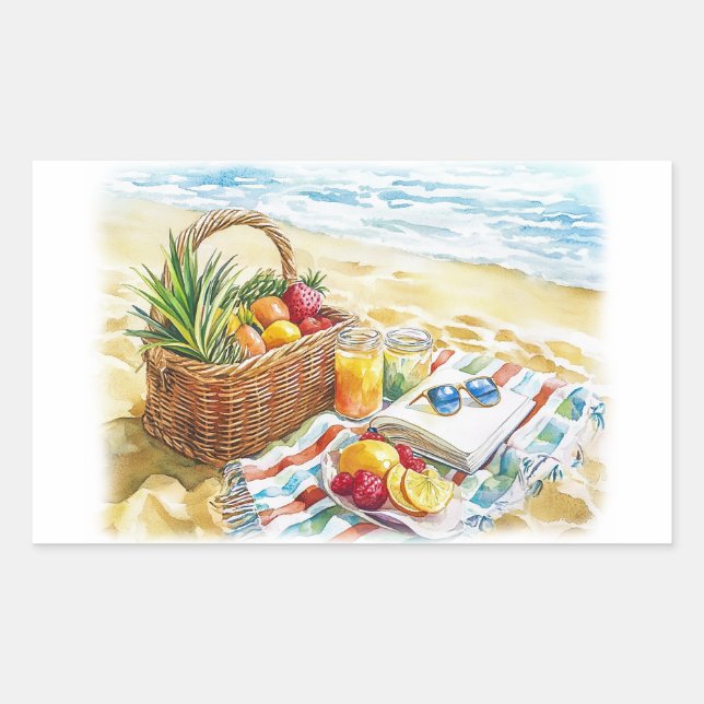 Summer Beach Picnic Watercolor Illustration – Vibr Rectangular Sticker (Front)