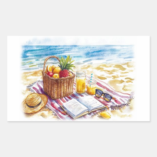 Summer Beach Picnic Watercolor Illustration – Vibr Rectangular Sticker (Front)
