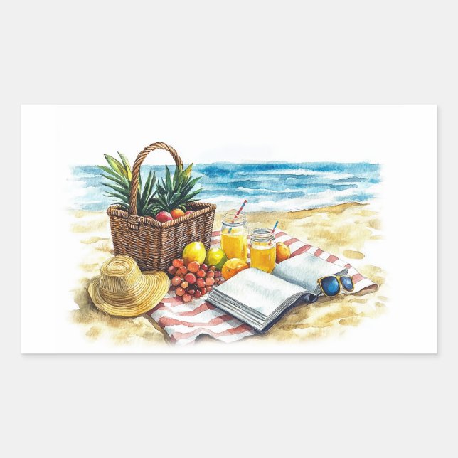 Summer Beach Picnic Watercolor Illustration – Vibr Rectangular Sticker (Front)
