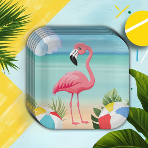 Summer Beach Pink Flamingo Baby Shower Paper Plate