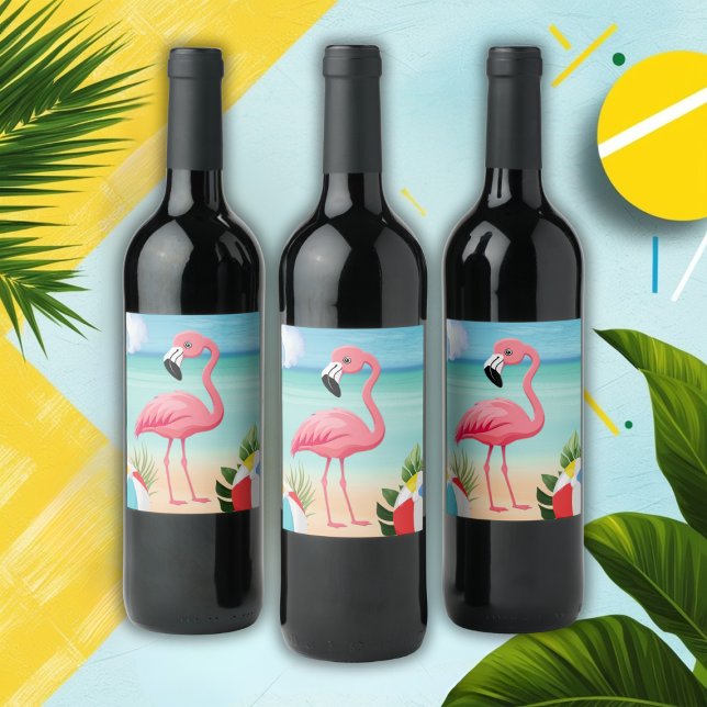 Summer Beach Pink Flamingo Baby Shower Wine Label (Creator Uploaded)