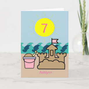 Summer Beach Pink Pail Sandcastle 7th Birthday Card