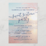 Summer Beach Pink Sunset Tropical 16th Birthday Invitation<br><div class="desc">A stunning chic pink and turquoise aqua blue ocean side beach sunset with rose gold palm tree leaf and hazy gradient overlay background on a summer theme sweet 16 birthday invitation. All wording can be changed to work for any age birthday or celebration, and there is space on the back...</div>