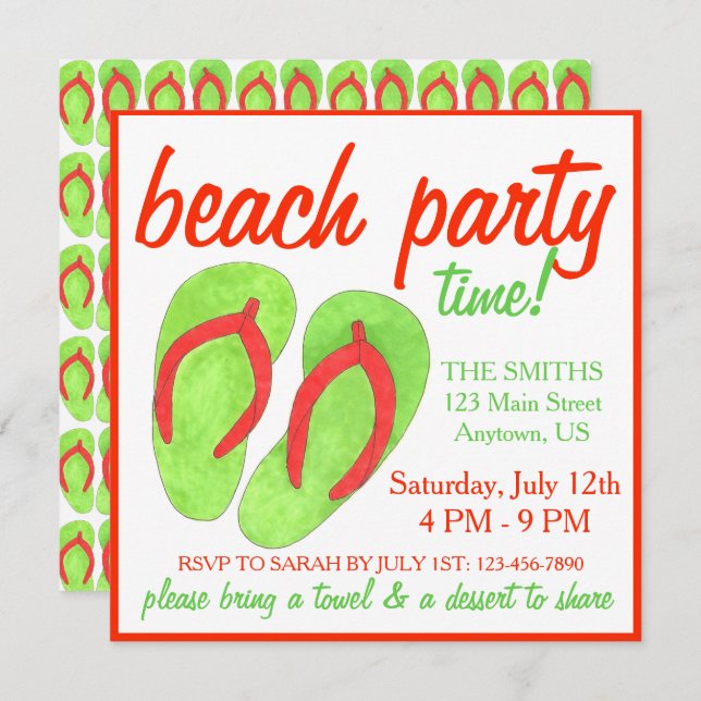 Summer Beach Pool Party Green Flip Flop Sandals Invitation (Front/Back)