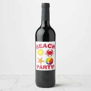 Summer Beach Pool Party Sun Beachball Crab Wine Label