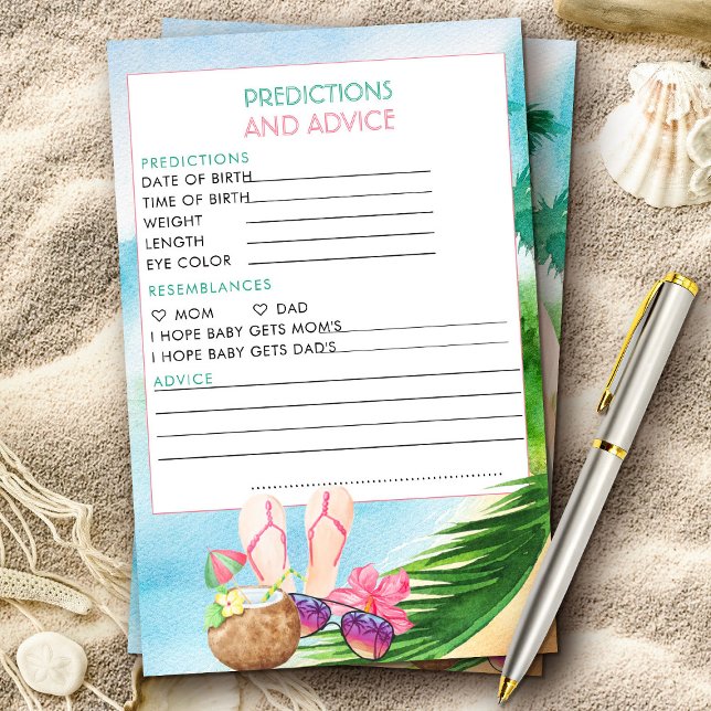 Summer Beach Predictions and Advice Card (Baby shower activity with tropical beach surfing theme from my Baby on Board baby shower collection)