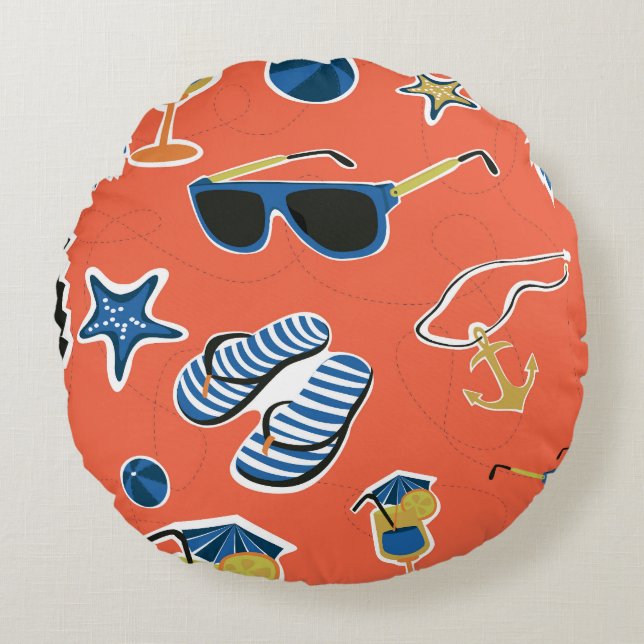 Summer Beach: Relaxing Seamless Pattern. Round Cushion (Front)