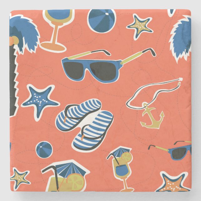 Summer Beach: Relaxing Seamless Pattern. Stone Coaster (Front)