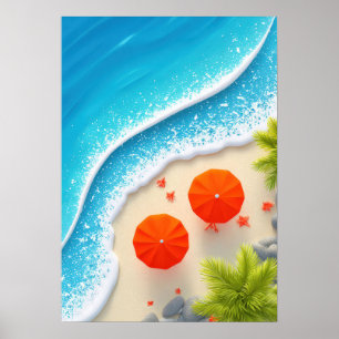 summer beach scene with orange umbrellas and ocean poster