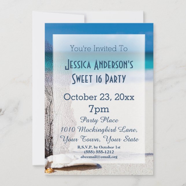 Summer Beach Seashell Blue Sweet 16 Birthday Invitation (Front)