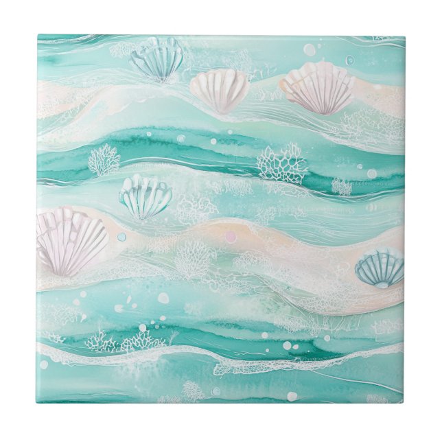 Summer Beach Seashell Pattern Ceramic Tile (Front)
