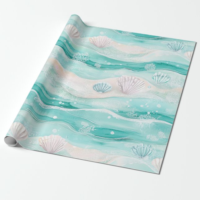 Summer Beach Seashell Pattern Wrapping Paper (Unrolled)