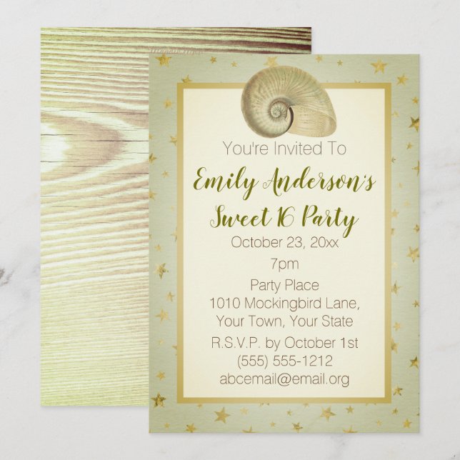 Summer Beach Seashell Rustic Wood Sweet 16 Invitation (Front/Back)