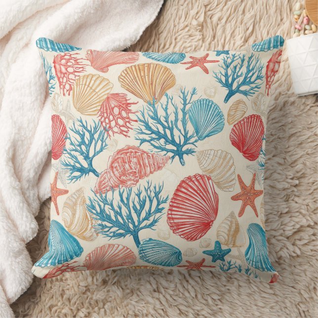 Summer Beach Seashell Starfish Blue Red Pattern Cushion (Blanket)