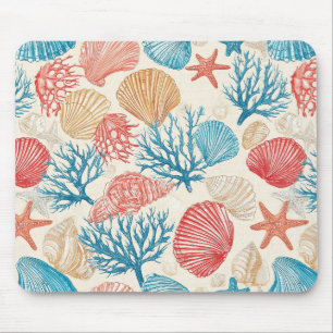 Summer Beach Seashell Starfish Blue Red Pattern Mouse Pad