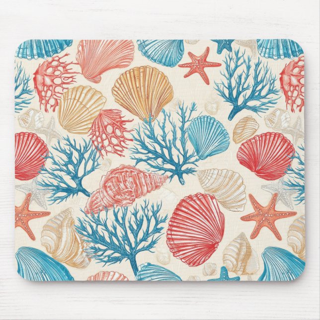 Summer Beach Seashell Starfish Blue Red Pattern Mouse Pad (Front)