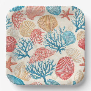 Summer Beach Seashell Starfish Blue Red Pattern Paper Plate