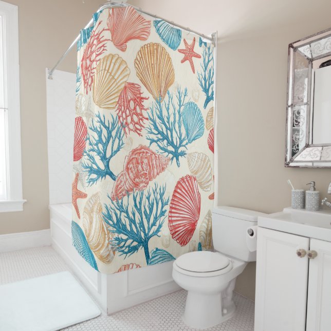 Summer Beach Seashell Starfish Blue Red Pattern Shower Curtain (In Situ)