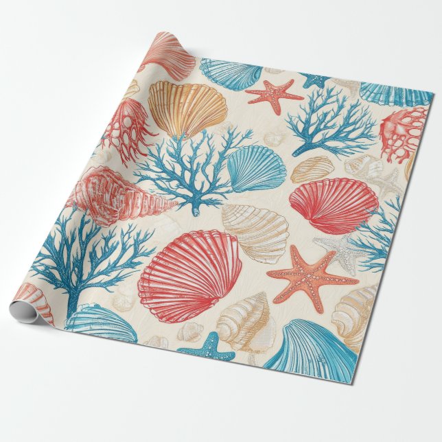 Summer Beach Seashell Starfish Blue Red Pattern Wrapping Paper (Unrolled)
