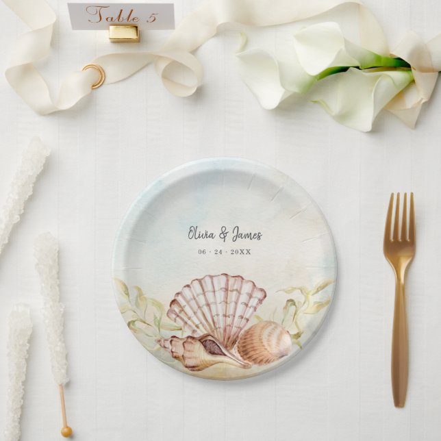 Summer Beach Seashell Tropical Wedding Paper Plate (Wedding)