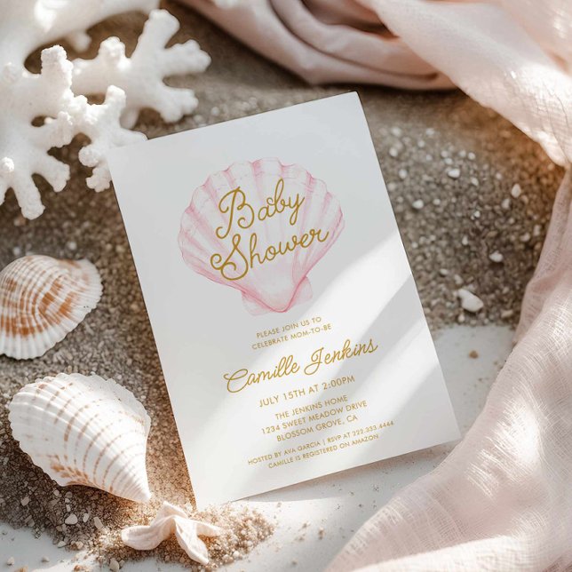 Summer Beach Shell Girl Baby Shower Invitation (Pink Girl Beach Baby Shower Invitation)