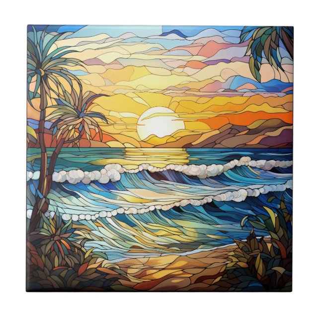 Summer Beach Stained Glass Ceramic Tile (Front)