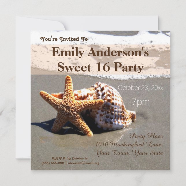 Summer Beach Starfish Seashell Sweet 16 Birthday Invitation (Front)