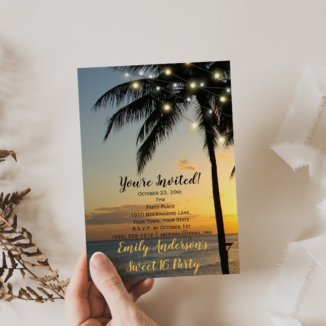 Summer Beach String Light Sunset Sweet 16 Birthday Invitation (Creator Uploaded)