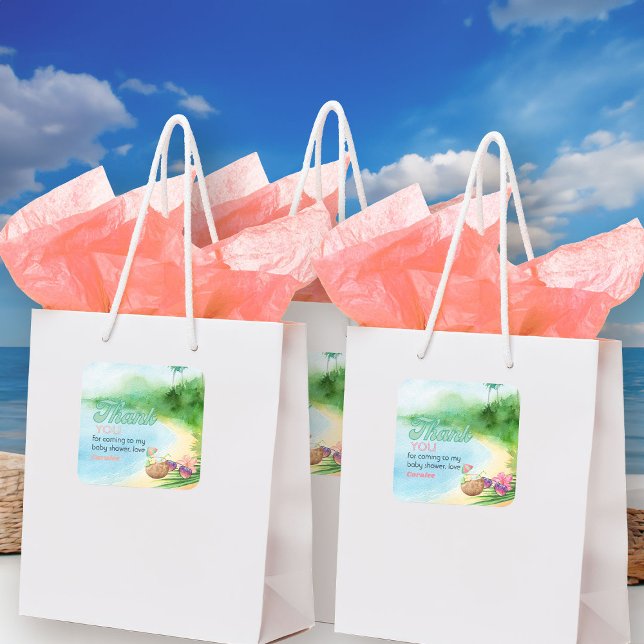 Summer Beach Sunglasses and Mocktail Thank You Square Sticker (Summer tropical beach theme stickers from my Baby on Board baby shower collection)