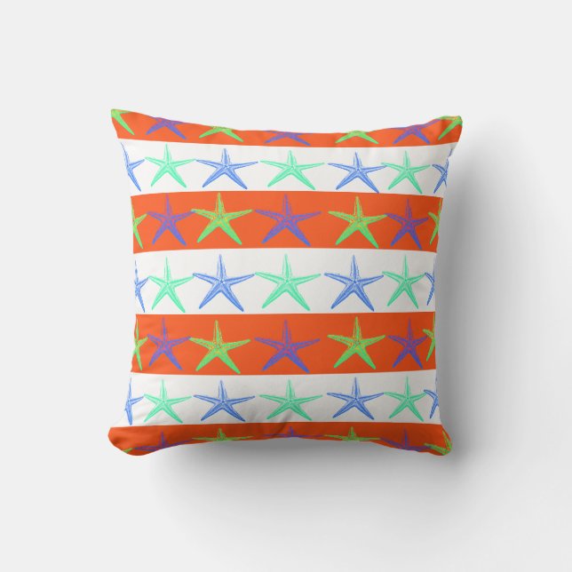 Summer Beach Theme Starfish on Orange Stripes Cushion (Front)