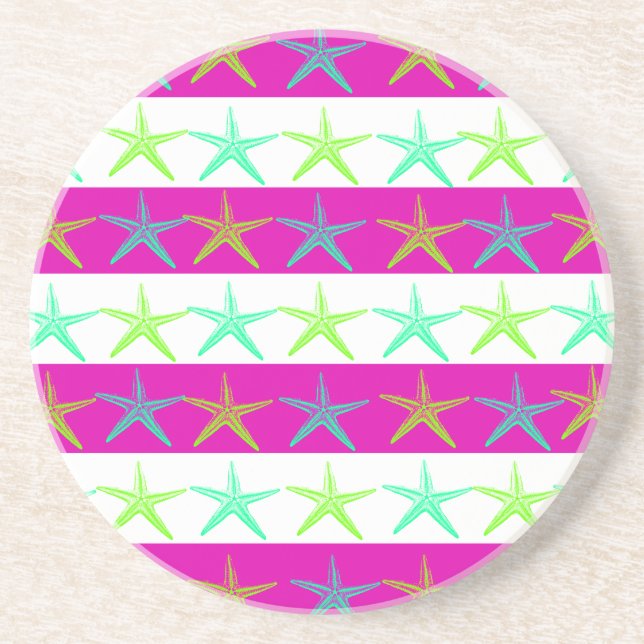 Summer Beach Theme Starfish on Purple Stripes Coaster (Front)